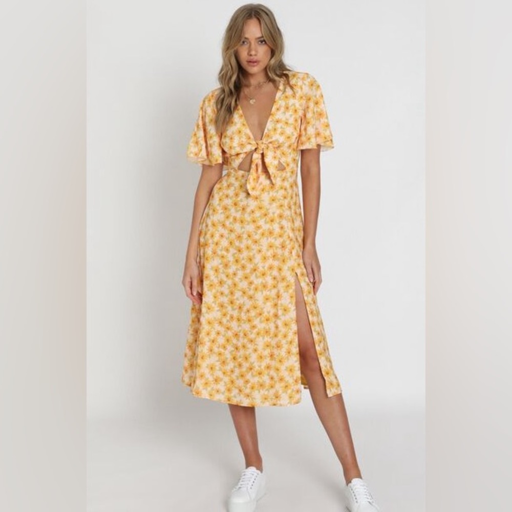 Yellow flower sundress, spring, front tie, cutout, midi, SHOWPO